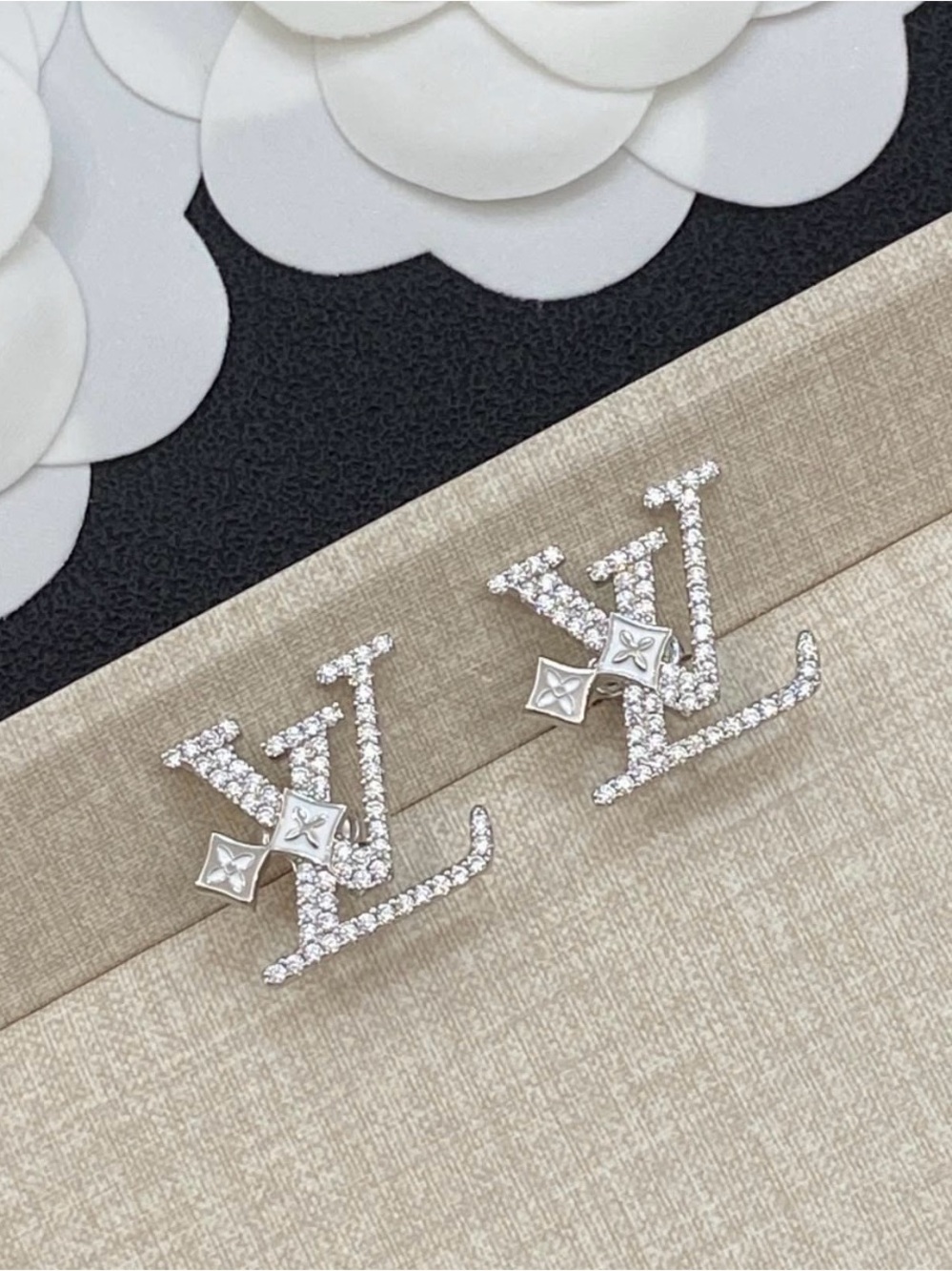 Designer Inspired Lulu Crystal-Embellished Logo Stud Earrings - Silver Tone